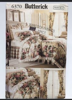 an advertisement for a bed in a bedroom with floral bedspread and pillows on it