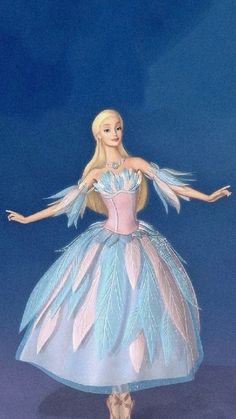 a barbie doll wearing a blue and pink dress with feathers on it's wings