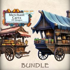 an old fashioned cart with lots of items on it and the words merchant arts 20 images below