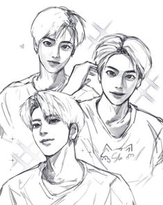 three young men are drawn in pencil