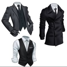 three different styles of men's clothing, one is black and the other is white