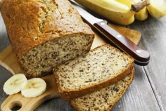 sliced banana bread with knife on wooden table