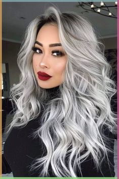 Long Black And Silver Hair, Long Black Hair With Gray Highlights, Highlights Grown Out, Grey Silver Hair Color, Ice Grey Hair, Platinum Grey Hair Silver, Silver Hair With Shadow Root, Grey Hair Black Roots, Blonde With Silver Highlights