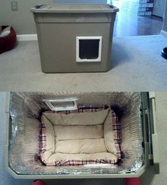 two pictures showing the same dog bed in different stages of being put into an air conditioner