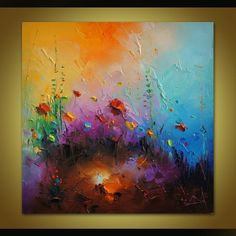 an abstract painting of flowers and grass