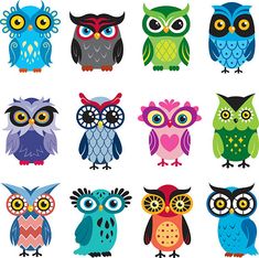 an assortment of colorful owls sitting next to each other