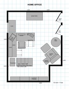 the floor plan for a home office is shown in black and white, with furniture on each side