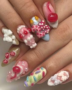 Birthday Candle Nail Art, Nail Art Collage, Balloon Nail Design, Unique Birthday Nails, Birthday Cake Nail Art, December Birthday Nails Short, Birthday Candle Nails, Polly Pocket Nails, Candy Inspired Nails