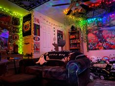 a living room filled with lots of colorful lights