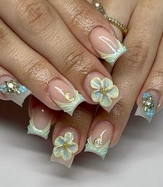 Short Flower Nails, 3d Floral Nails, Flower French Nails, 3d Flower Nails, Nails Gel Nails, Custom Press On Nails, Spring Acrylic Nails, Hippie Nails, Nail Prep