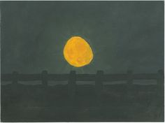 an oil painting of a yellow moon on a dark night sky over a wooden fence