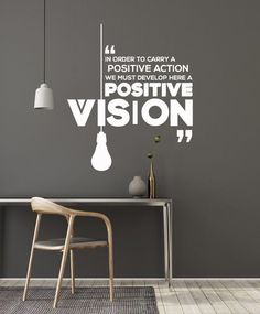 a room with a table, chair and lamp on the wall that says i'm order to carry a positive action