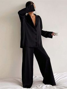 Black Elegant Collar   Plain  Embellished Slight Stretch Spring/Fall,Winter Women Sleep & Lounge Wide Leg Pant Suit, Pyjama Satin, Pajama Fashion, Silk Sleepwear, Silk Pajama Set, Long Sleeve Tops Casual, Satin Shirt