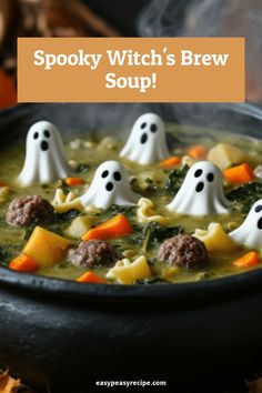 A Halloween-themed soup with ghost-shaped decorations floating in a hearty mixture of vegetables and meatballs. Halloween Themed Soup, Soups For Halloween, Crock Pot Halloween Recipes, Halloween Soups And Stews, Halloween Soup Ideas, Gothic Treats