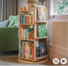 there is a book shelf with many books on it