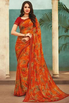 Green Georgette Saree, Georgette Saree With Blouse, Floral Print Sarees, Celebrity Gowns, Cotton Saree Designs, Orange Chiffon, Indian Silk Sarees, Of Sarees, Lehenga Choli Online