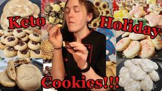 a woman is eating cookies and looking at the camera with words that say keto holiday cookies