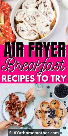 air fryer breakfast recipe collage with blueberries and bacon in the foreground