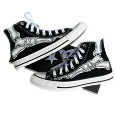 These shoes are truly bad to the bone! Spooky season can be all year long and these custom skeleton feet shoes are perfect for those who agree. These Black High Top Converse feature bones like you're looking through the shoes! We buy each pair of shoes BRAND NEW. Each pair is made to order, please make sure you put in the correct shoe size before you check out. The ink is permanent and will never come off. Made in the USA. This price includes everything: shoes, artwork, and shipping. Thanks for stopping by our Etsy shop! Please message me with any questions! Please know your size before ordering. Sizes listed are in US sizing scale. Note: Blvd Custom is in no way affiliated with any of the shoe brands or companies that are featured on our website. Each pair of shoes is ordered lawfully bou Converse Run Star Hike Black, Shoes Artwork, Emo Shoes, Grunge Shoes, Shoes Png, Converse High Top, Black High Top Converse, Converse Run Star Hike, Y2k Shoes