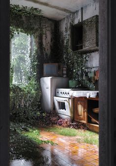 an abandoned kitchen with ivy growing on the walls