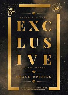 a black and gold poster with the words exc lus live in front of it