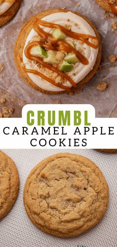 caramel apple cookies with white frosting on top