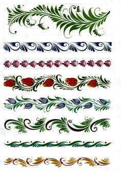 an assortment of different designs and colors on white paper with green leaves, red berries and blue