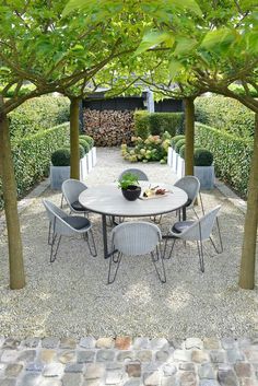 an outdoor dining table surrounded by trees and graveled area with potted plants on either side