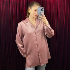 - Vintage pink silky blouse - 100% polyester - Made in France - Very good condition - Tag size FR 44, please see measurements Measurements (laying flat): Shoulders: 42 cm / 16.5 inches  Armpit to armpit: 54 cm / 21.3 inches  Sleeve length: 59 cm / 23.2 inches  Length: 75 cm / 29.5 inches SHIPPING INFO: Shipping price in the listing is for the "Standard Latvian post shipping". Includes tracking info and takes: * 5 business days within European Union * 10-15 business days to United States and Cana Pink Silk Collared Blouse, Pink Satin Top For Work, Pink Silk Button-up Blouse, Pink Long Sleeve Satin Top, Long Sleeve Pink Satin Top, Pink Satin Long Sleeve Tops, Formal Pink Satin Tops, Pink Silk Button-up Top, Rose Vintage