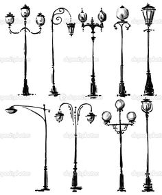 various street lights and lamps on a white background royalty - art iste stock photo