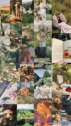 a collage of photos with flowers and trees