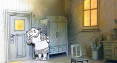 an image of a cartoon character standing in front of a room with two doors and a chair