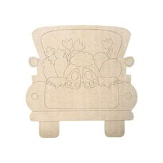 a wooden cutout of a couch with an animal on it's back and flowers in