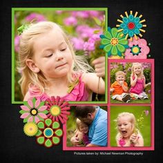 a child's photo collage with flowers in the background