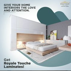 an advertisement for the royal touch laminates bedroom furniture range, featuring a bed and nightstand