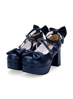 Dark Blue Bowknot Round-toe Sweet Lolita High Heel Shoes Gothic Heels, Dark Blue Heels, Century Shoes, Blue Dress Shoes, Navy Blue Heels, Blue High Heels, Heels Aesthetic, Navy Blue Shoes, Classic Lolita