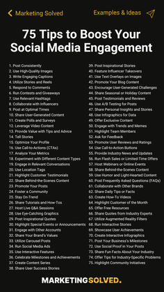 a black and white poster with the words 75 tips to best your social media engagement