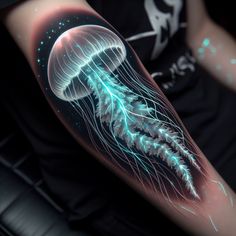 a jellyfish tattoo on the right arm and shoulder is glowing green with blue lights