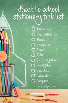 back to school stationery tick list with colored pencils in front of chalkboard