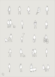 an image of people and animals in the same line art style on a gray background