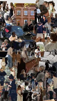 a collage of people standing and sitting in front of buildings