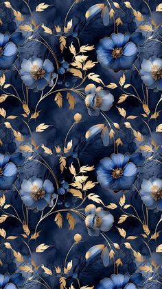 blue and gold flowers on a black background