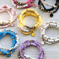 Cheap Trendy Colorful Beads, Evil Eye Stretch Bracelet, Casual Cheap Evil Eye Bracelet With Colorful Beads, Cheap Multicolor Round Beaded Bracelets, Cheap Yellow Beaded Bracelets With Smiley Face, Bracelet Ideas With Glass Beads, Beaded Bracelet Set, Fun Bracelet Ideas, Aesthetic Bracelets Ideas