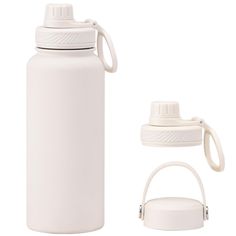 a white water bottle next to a plastic cup and carafe holder with the lid open