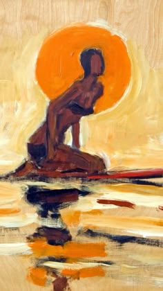 a painting of a man sitting on top of a surfboard in the water with an orange sun behind him