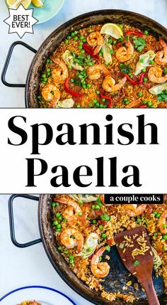 spanish paella with shrimp and rice in a skillet