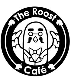 the roost cafe logo in black and white with an image of a bird on it