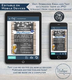 two cell phones with the text, editable on mobile devices for family reunions