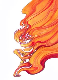 an orange and red abstract painting on a white background with long wavy hair blowing in the wind