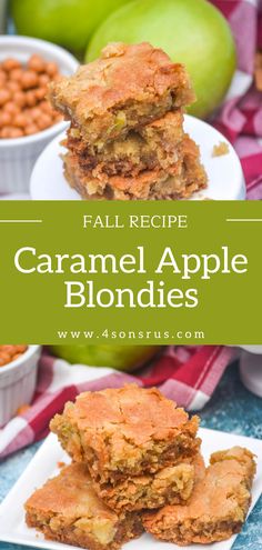 caramel apple blondies stacked on top of each other